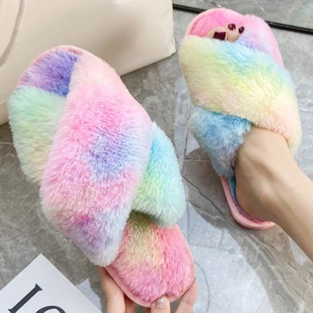 Kvinnor Fuskpäls Fluffiga Platta Tofflor Regnbåge Slip On Shoes