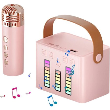 Karaokemaskin for barn, høyttalermikrofonsett, karaokemikrofonmaskin, bærbar karaokehøyttaler med mikrofon og trådløs belysning, LED