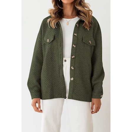 Women's Shirt Jacket Downturned Collar Single Breasted Loose Fit Casual Long Sleeve Coat OD Green XXL