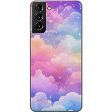 Kompatibelt Mobildeksel til Samsung Galaxy S21+ 5G Søt enhjørning med regnbuefarget hår mot en stjernebelagt pastellbakgrunn i kawaii-stil
