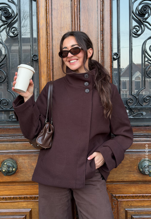 BUBBLEROOM - High Neck Short Coat - Dark brown