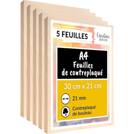 Creative Deco 5 x A4 vaneri 21mm | 300 x 210 x 21 mm | Raaka koivulevy | Laserleikkauspaneeli | Pyrografinen kaiverrus