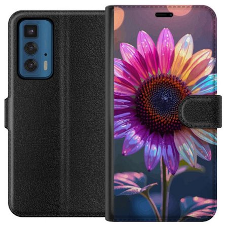 Kompatibelt Lommeboketui til Motorola Edge 20 Pro Irideserende blomst med glitrende kronblad i rosa lilla og gull mot myk bokeh bakgrunn