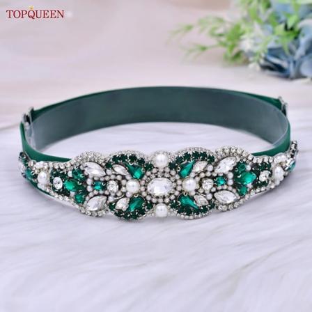 TOPQUEEN S407-B Elastiska bälten för kvinnor för festklänning Silver Rhinestone gördel Dam Blank midjeband Mode Daglig Lyxig S87 Green