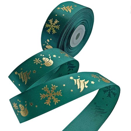 22 Meter Julebånd Satinbånd Trykt med Gyldne Juletræ Snemand Snefnug, Glædelig Jul Bånd til Dekoration