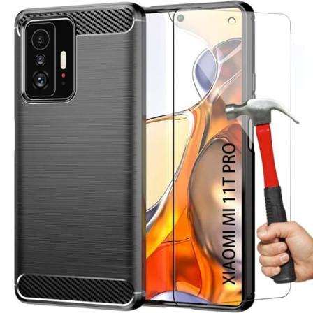 Fodral och 2 härdade glasögon för Xiaomi 11T Pro, stötsäkert skydd kolfibersvart