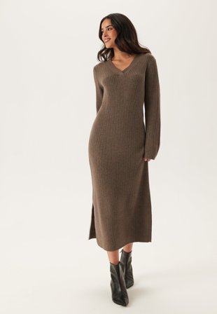 Object Collectors Item - Objelva L/S RE V-NECK KNIT DRESS - Morel Detail:MELANGE