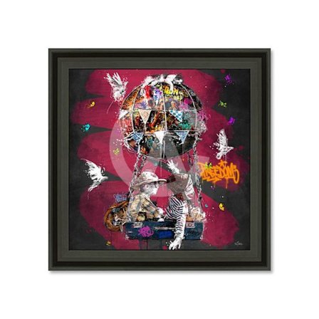 Træramme med tryk i glanset PVC "De Små Rejsende" - Mat sort - 60 x 60 cm - Romaric-kollektionen