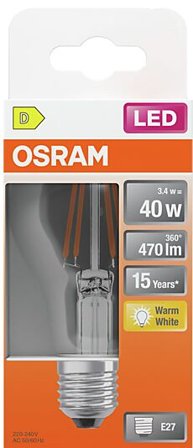 OSRAM Led Lyspære E27 Classic A40 470lm klar Varmhvit