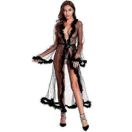Sexet brudekåbe med fjer til kvinder, lang bryllupsscarf, illusion badekåbe, nattøj, lingerikåbe, natkjole