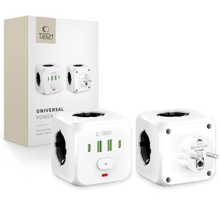 Grenuttag med 3x Schuko, 2x USB-A och 2x USB-C – 100–240 V