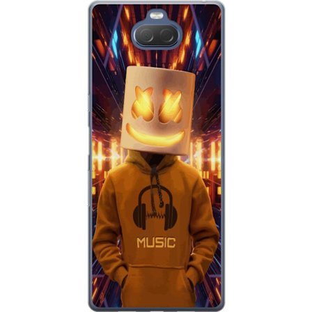 Yhteensopiva Puhelinkuori Sony Sony Xperia 10 Plus DJ-hahmo valaisevassa kypärässä ja hupparissa futuristisessa musiikkiympäristössä neonvalojen