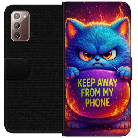 Kompatibelt Lommeboketui til Samsung Samsung Galaxy Note20 Sinna lodne blå katt med teksten "Hold deg unna telefonen min" i neonfarger og ildlignende