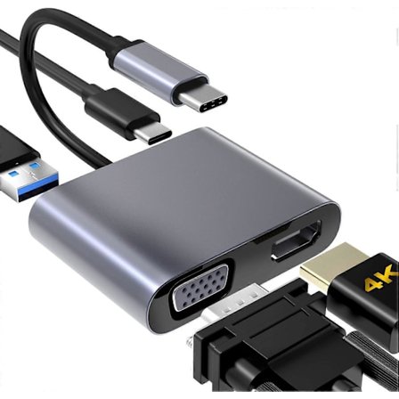 USB C till VGA HDMI Adapter, 4 i 1 Typ C Hub till VGA HDMI 4K UHD med 87W PD Laddningsport + USB 3.0 Port Kompatibel med MacBook Pro/Air Dell HP Samsu