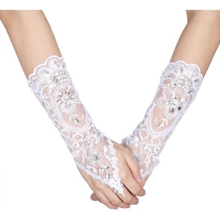 Bryllupshansker, Lange Fingerhansker i Blonde med Rhinestones, Dametilbehør (Hvit)