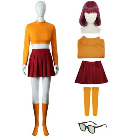 Anime Velma Cosplay Kostym Orange Short Skirt Uniform Kvinnor Orange Strumpor Topp Kjol Halloween Party Karneval Set