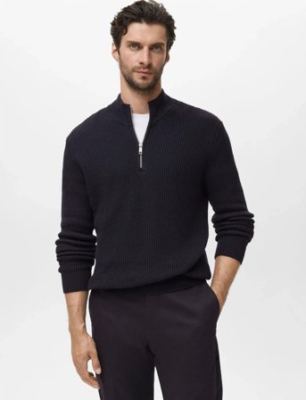 Mango 100% Cotton Perkins-Neck Sweater - Navy - XXL