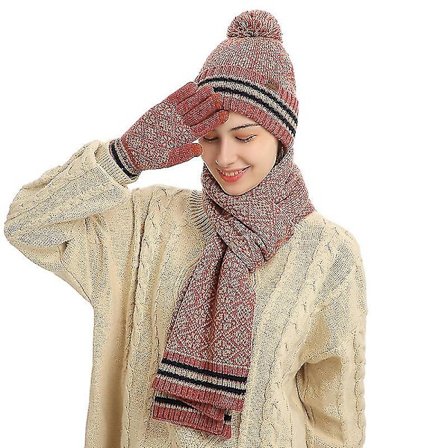 3 stk. Unisex Pompom Hue Halstørklæde Handsker Sæt Jacquard Plysforet