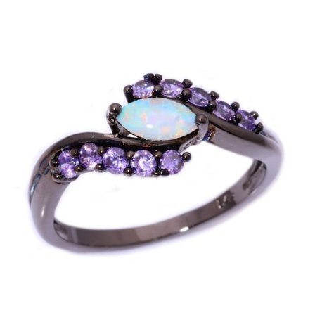 18K SVART Guld Filled gulddoublé Ring Regnbåge Opal