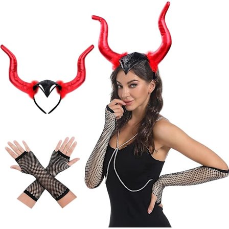 Djävulens horn diadem och spetsfisknät handskar