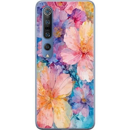 Kompatibelt Mobildeksel til Xiaomi Xiaomi Mi 10 Pro 5G Akvarellmaling med store blomster i rosa, blå og gule toner i en myk kunstnerisk stil.