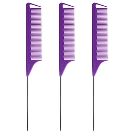 Flette-kam med rottehale, hårkam i stål, karbonfiber, lilla