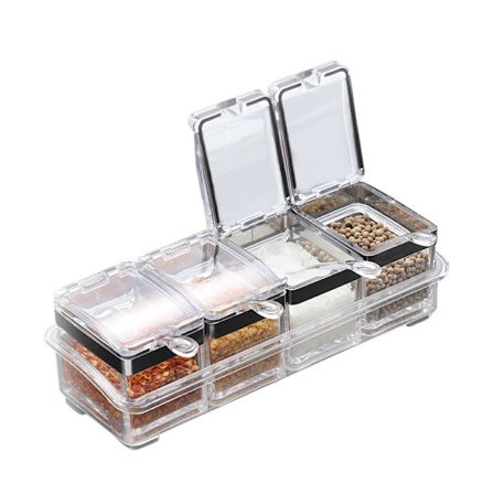 Gourmetsett med 4 akryl krydderrom med 4 serveringsskjeer