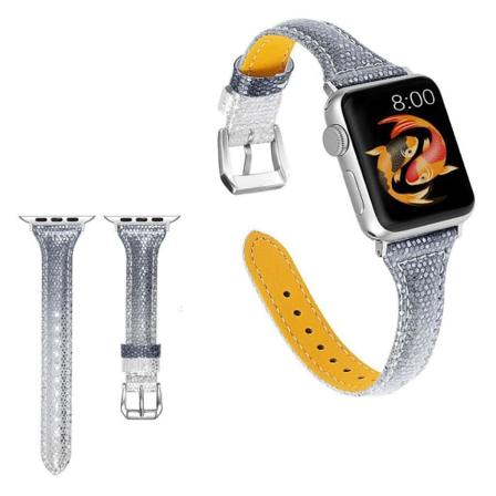 Apple Watch Series 5 40mm klockarmband i äkta läder med blingbling - Svart / Silver Silvergrå