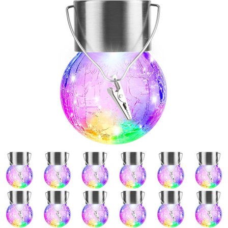 12-pak hængende solcellelamper udendørs dekorative, vandtætte solcellekuglelamper med håndtag og klemme, solcelledrevne krakelerede glaskuglelamper 