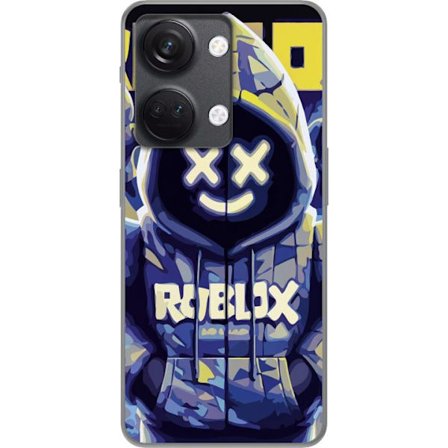 Kompatibelt Mobildeksel til OnePlus OnePlus Nord 3 Blågul Roblox hettegenserfigur med minimalistisk neonstil og masket ansikt, moderne spillillustras