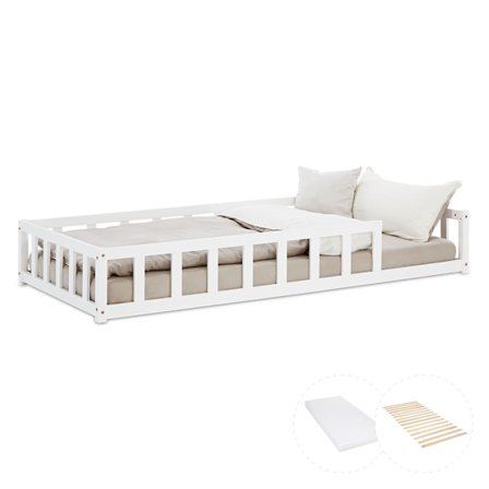 Homestyle4u Enkelsäng - Golvsäng Med Madrass Och Skyddskanter - 90x200 Cm - Vit - Litenleker