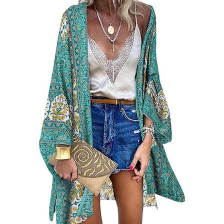 Kimono Cardigan för Dam Bohemisk Blommig Tryck Strandöverdrag 3/4 Ärm Chiffong Bikini Sarong Sjal Toppar