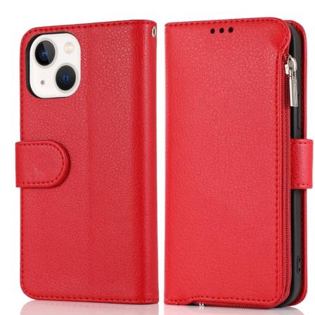 iPhone15PLUS etui Sammenfoldelig med skulderrem og lynlås 3-kort rum Red