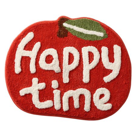 Omenamuotoinen punainen kylpymatto, jossa sana Hedelmä, pestävä, liukumaton