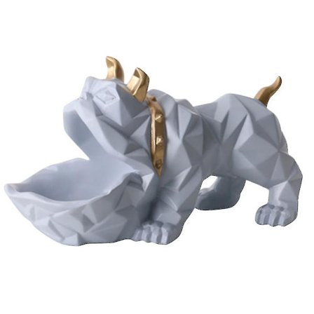 Hundestatue i syntetisk harts, nyckeluppsamlingslåda, bulldog, heminredning, grå