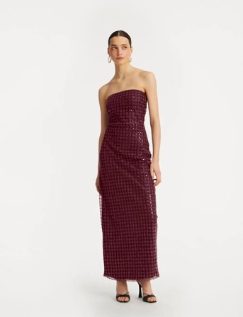 ROTATE Birger Christensen Beaded Maxi Tube Dress - Burgundy - 34