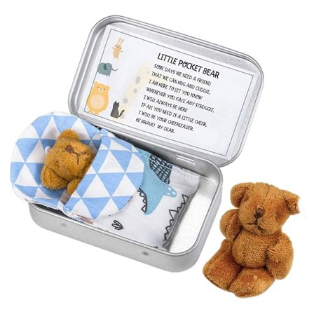 Mini plys bamse i en dåse lomme bamse til anti angst stress bekymring, lille plys bamse i en æske med kort og quilte til babyshower F