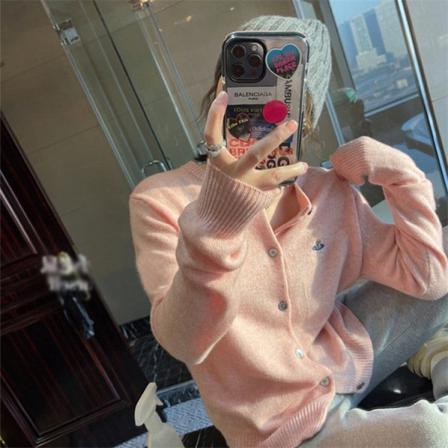 Dam flickor Stickat tröja rund hals kashmir kofta lös tröja kappa broderi Pink M