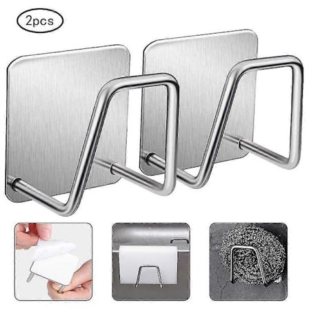 2 stk. Svampholder Selvklebende kjøkkenvaskholder Kleskroker, Med 2 stk. Gjennomsiktige selvklebende kroker Uten boring Rustfritt stål Vann