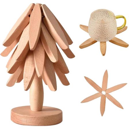 Sett med 4 sammenleggbare bordskånere i tre for kjøkkenbruk, varmebestandig, trefarge