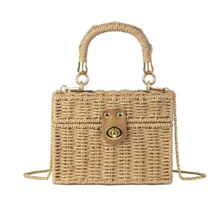 Håndlavet Vævet Rattan Taske til Kvinder - Sommer Firkantet Flet Strå Strand Crossbody Skuldertaske, Brun