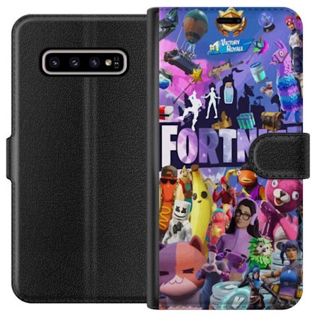 Kompatibelt Plånboksfodral till Samsung Samsung Galaxy S10+ Fortnite kollage med ikoniska karaktärer, skins, Victory Royale och starka färger som s