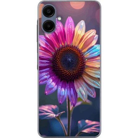 Kompatibelt Mobildeksel til Samsung Galaxy A06 Irideserende blomst med glitrende kronblad i rosa lilla og gull mot myk bokeh bakgrunn