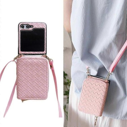 Plånboksfodral med axelrem för Samsung Galaxy Z Flip 6, vävt PU-läder, stöttåligt fodral med axelrem och korthållare