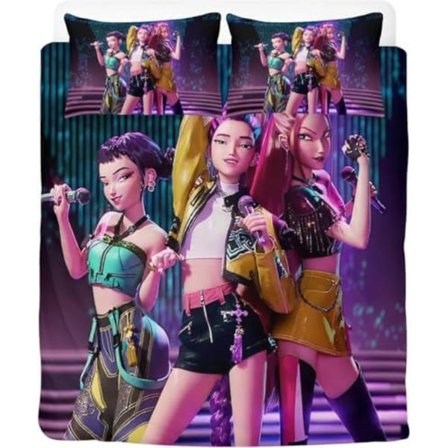 Anime Demon Hunters sengetøy 135 x 200, barn jenter enkelt dynetrekk putetrekk 80 x 80 glidelås (a, v, 200 x 200 cm + 80 x 80 cm)