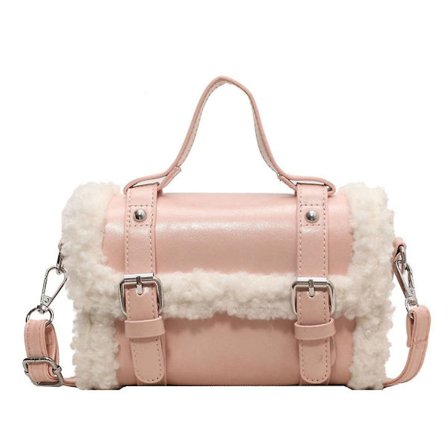 Mjuk plyschväska dam axelväska dam bärbar Cambridge liten fyrkantig väska(rosa)