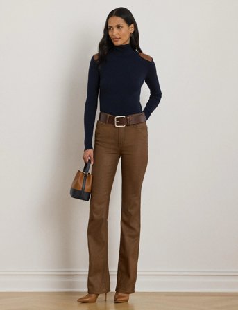 Lauren Ralph Lauren Faux-Leather-Trim Ribbed Turtleneck - Navy - L