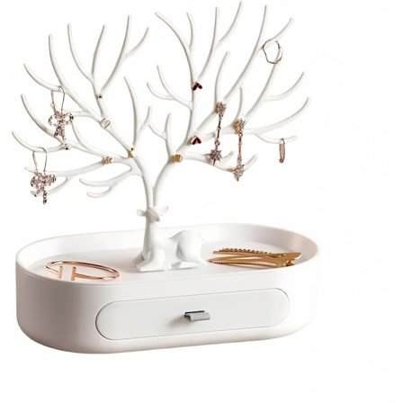 Smykkestativ med hjortegevir og æske, smykketræ til øreringe, halskæder, armbånd og ringe, plastik, forsølvet håndtag