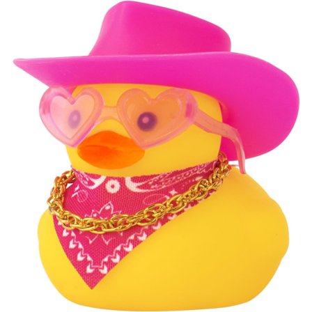 Auton kumiankka cowboy-hatulla, keltainen ankka koriste kojelautaan cowboy-hatulla, kaulakorulla ja aurinkolaseilla, pinkki