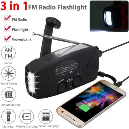 Vevradio med solceller, lommelygte og 1200mAh Powerbank SOS-WELLNGS sort